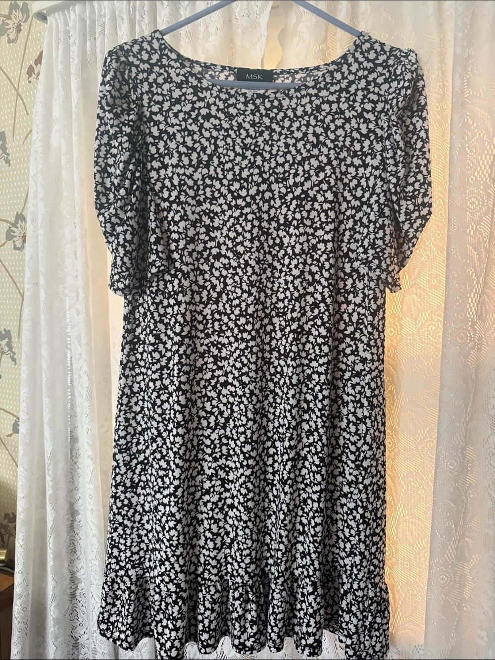 MSK Black & White Floral Midi Dress with Ruffle Hem